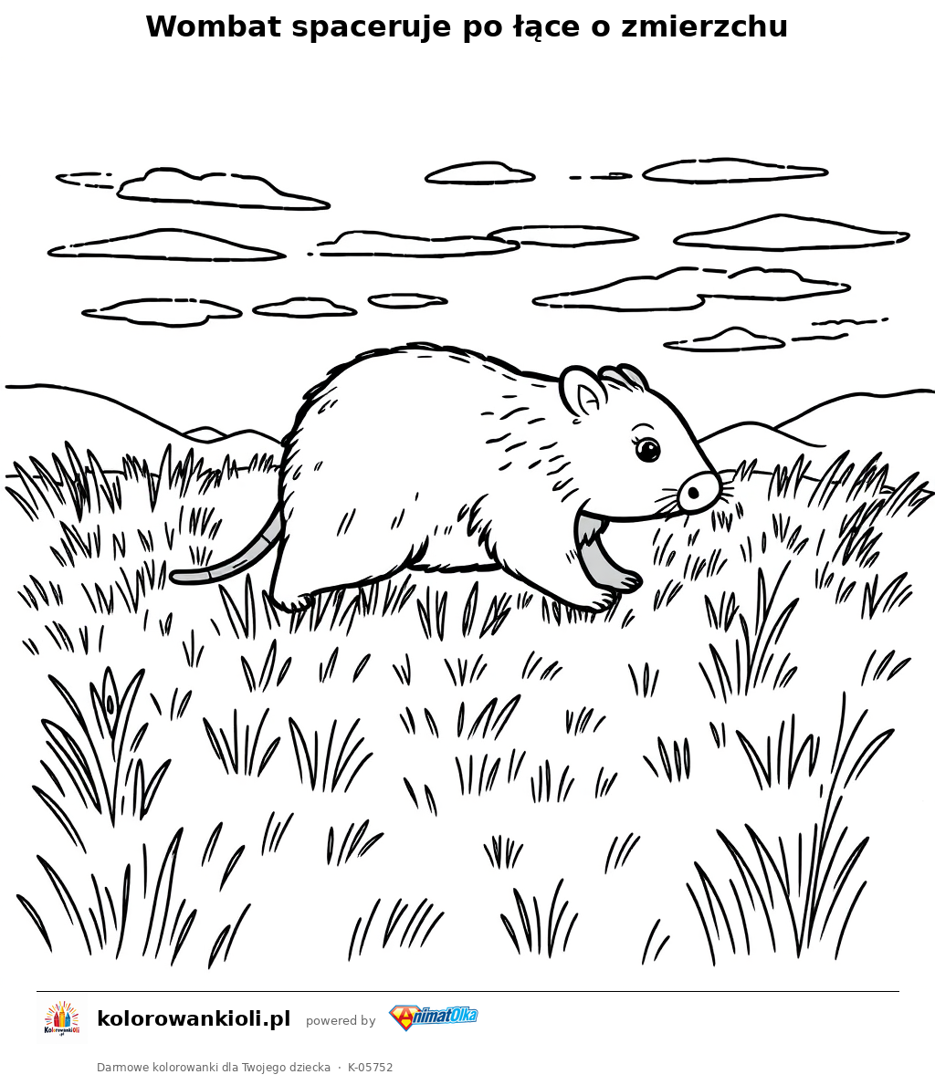 Wombat spaceruje po łące o zmierzchu — kolorowanka do wydruku dla dzieci