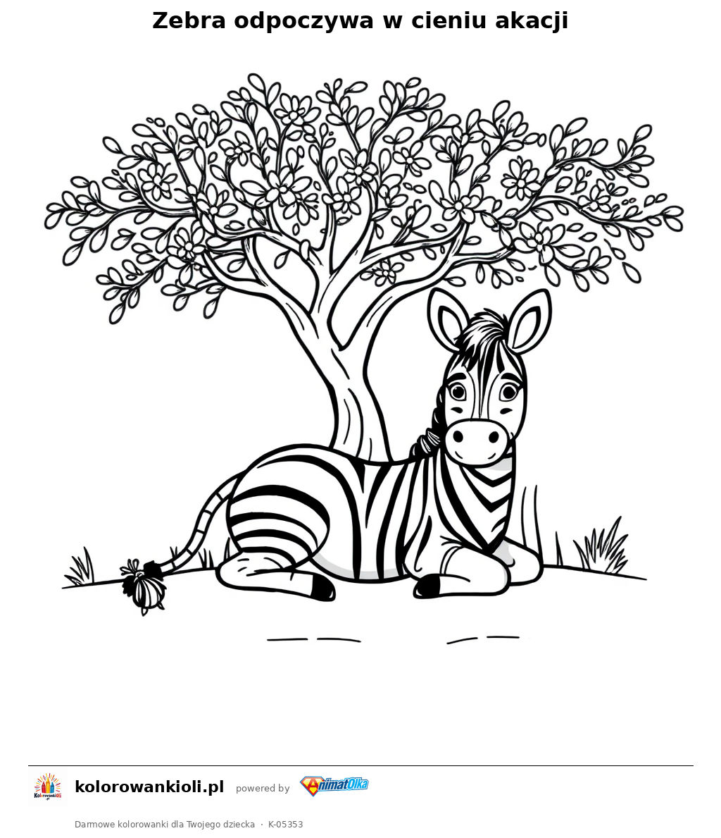Zebra odpoczywa w cieniu akacji — kolorowanka do wydruku dla dzieci