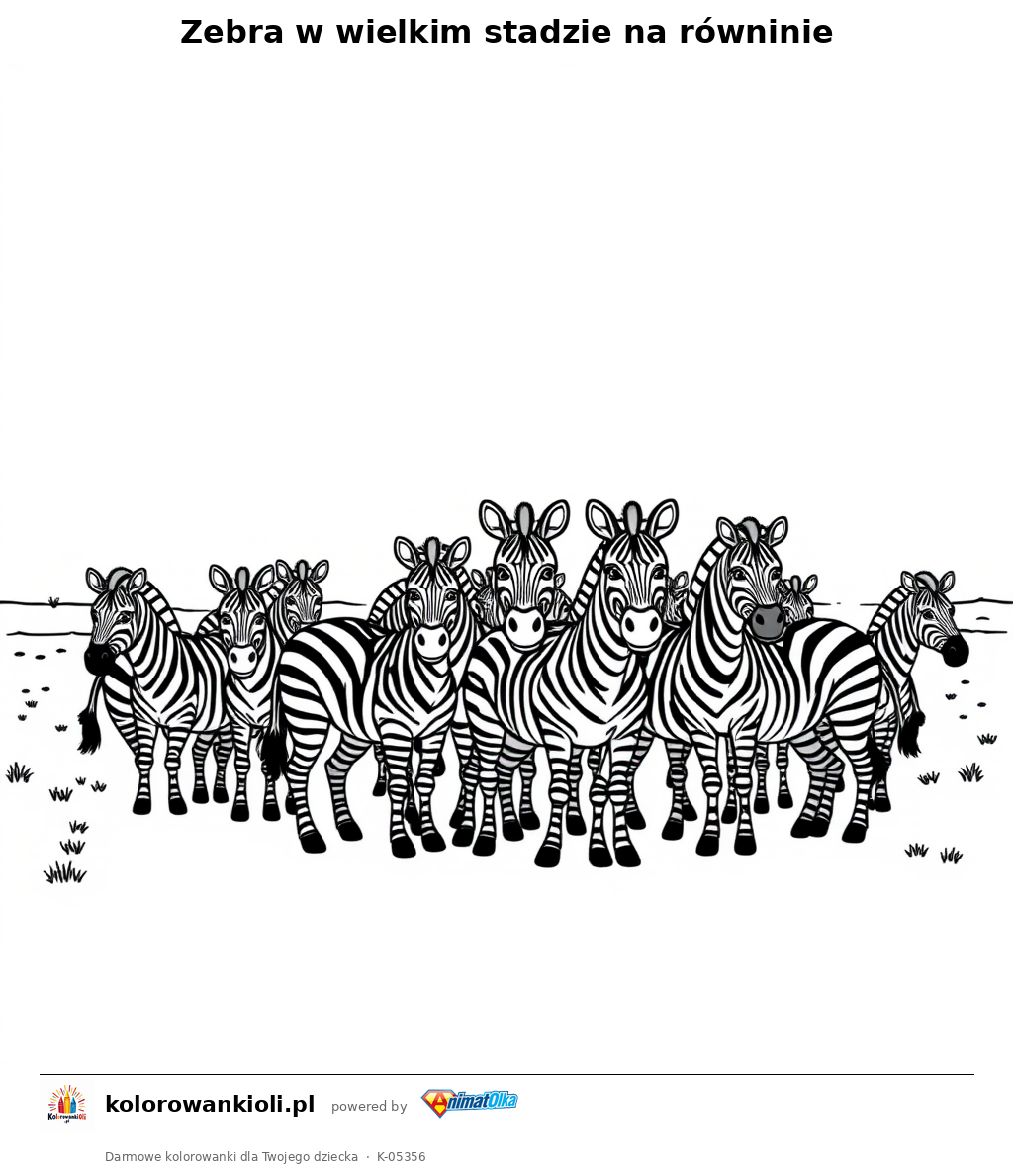 Zebra w wielkim stadzie na równinie — kolorowanka do wydruku dla dzieci