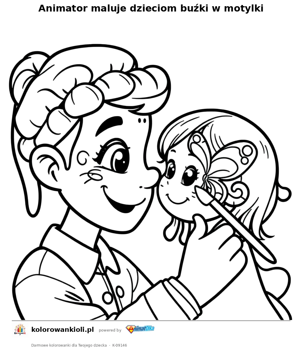 Animator maluje dzieciom buźki w motylki — kolorowanka do wydruku dla dzieci