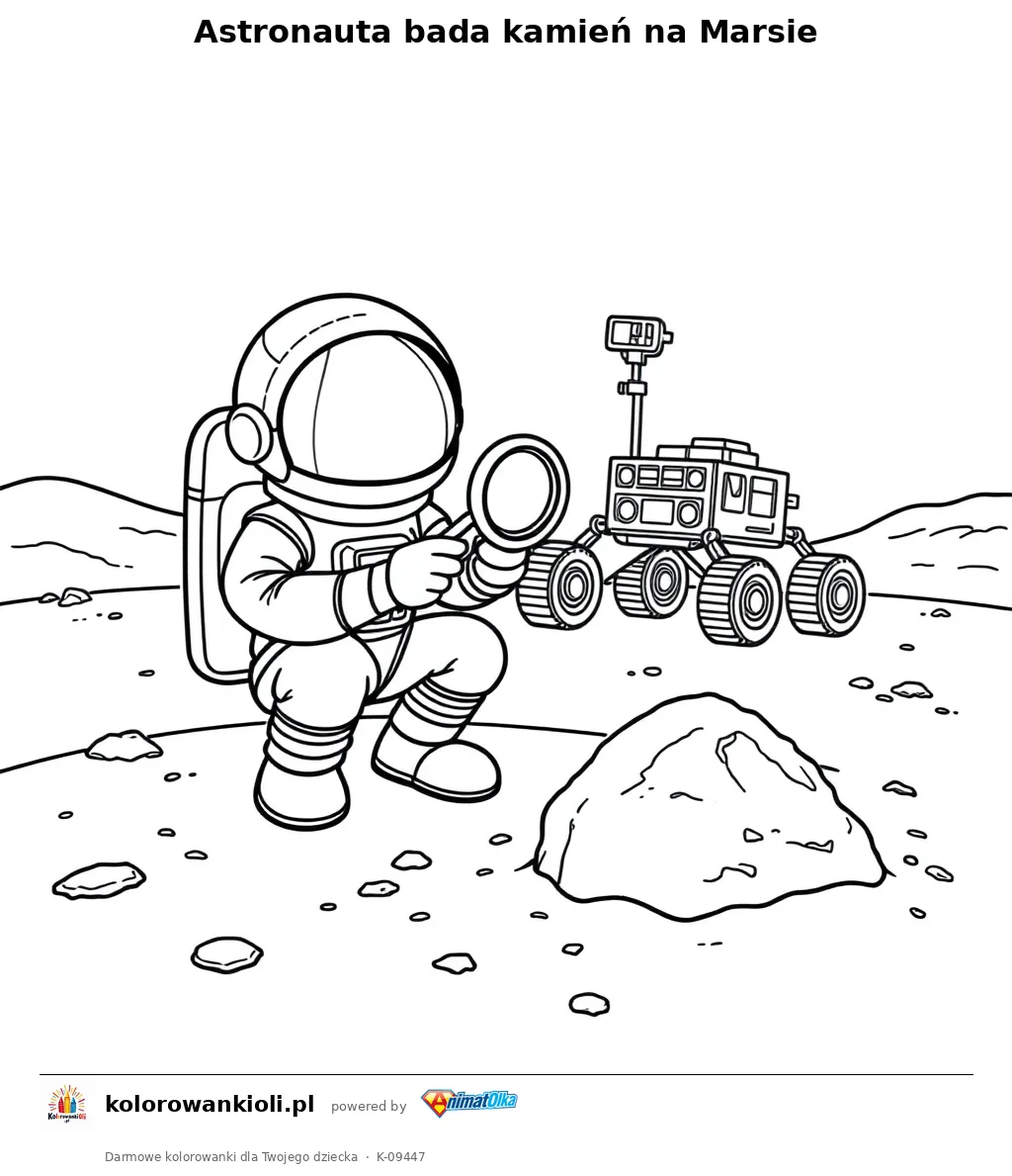 Astronauta bada kamień na Marsie — kolorowanka do wydruku dla dzieci