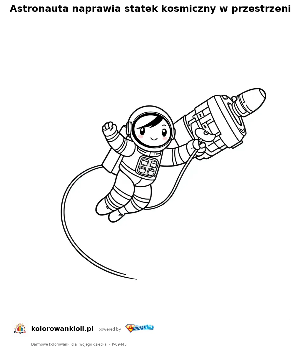 Astronauta naprawia statek kosmiczny w przestrzeni — kolorowanka do wydruku dla dzieci