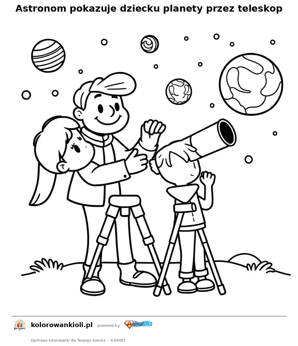 Astronom pokazuje dziecku planety przez teleskop — kolorowanka do wydruku dla dzieci
