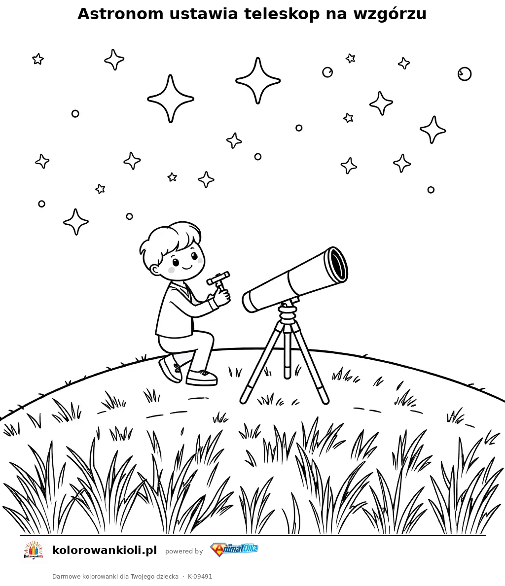 Astronom ustawia teleskop na wzgórzu — kolorowanka do wydruku dla dzieci