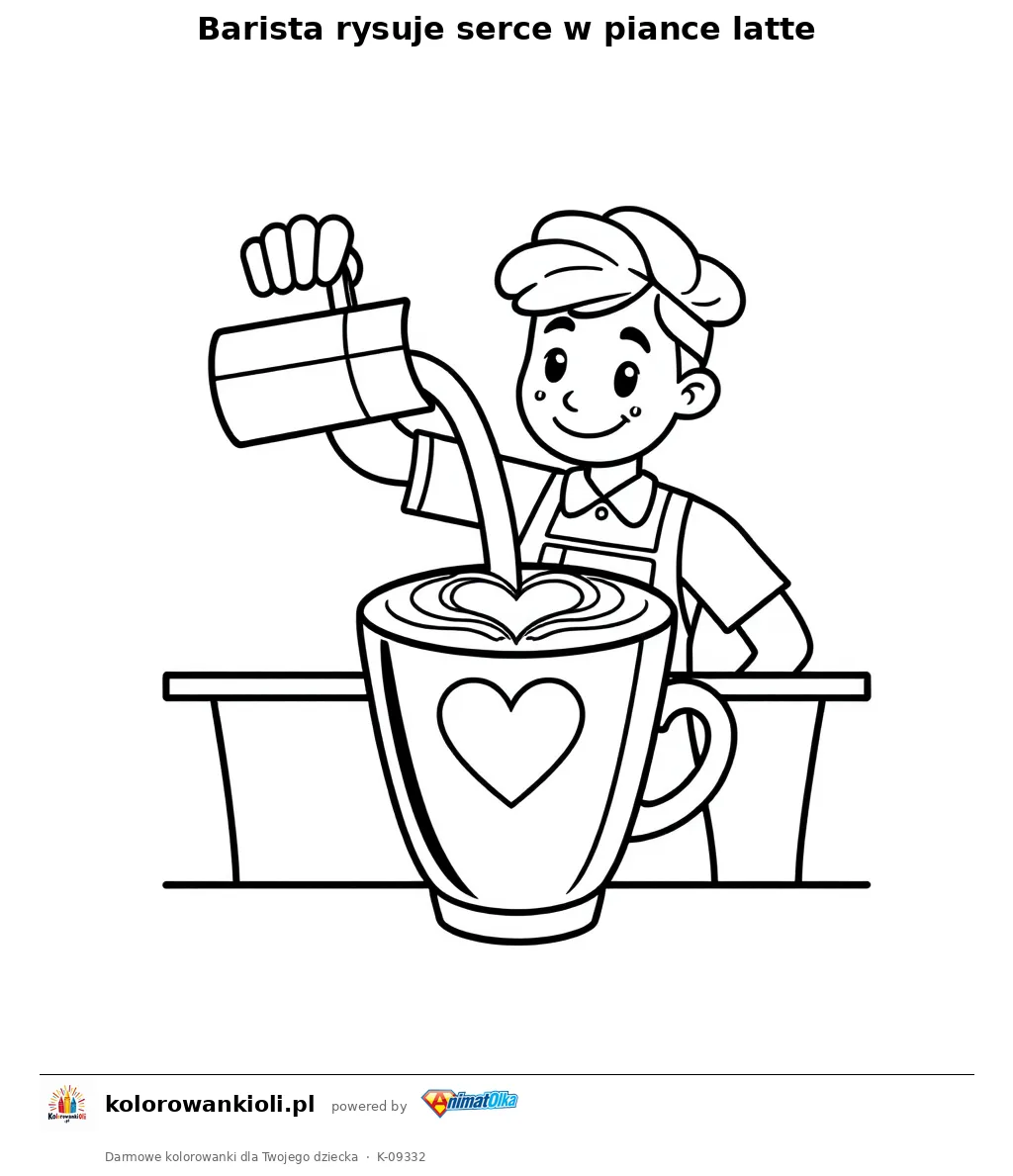 Barista rysuje serce w piance latte — kolorowanka do wydruku dla dzieci