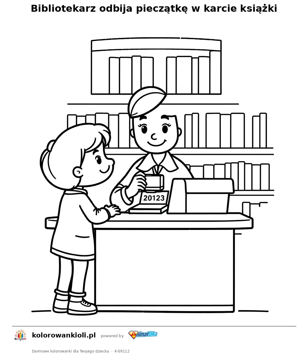 Bibliotekarz odbija pieczątkę w karcie książki — kolorowanka do wydruku dla dzieci