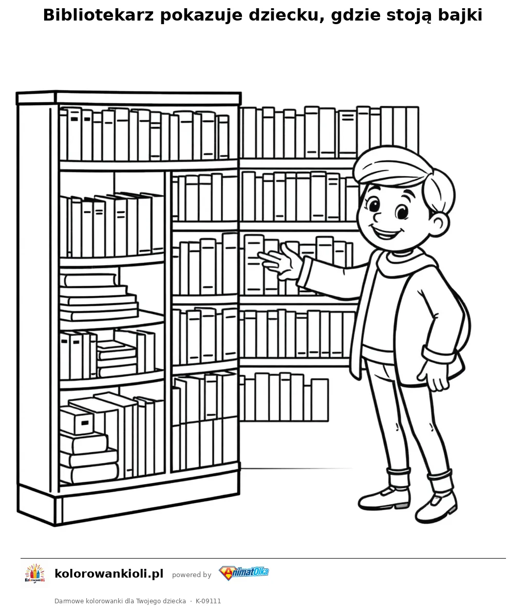 Bibliotekarz pokazuje dziecku, gdzie stoją bajki — kolorowanka do wydruku dla dzieci