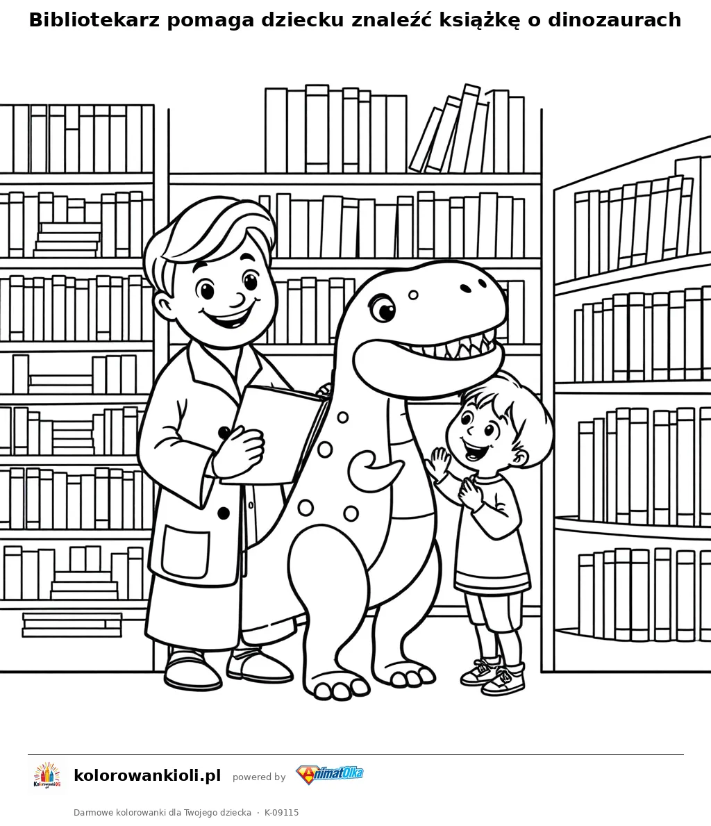 Bibliotekarz pomaga dziecku znaleźć książkę o dinozaurach — kolorowanka do wydruku dla dzieci