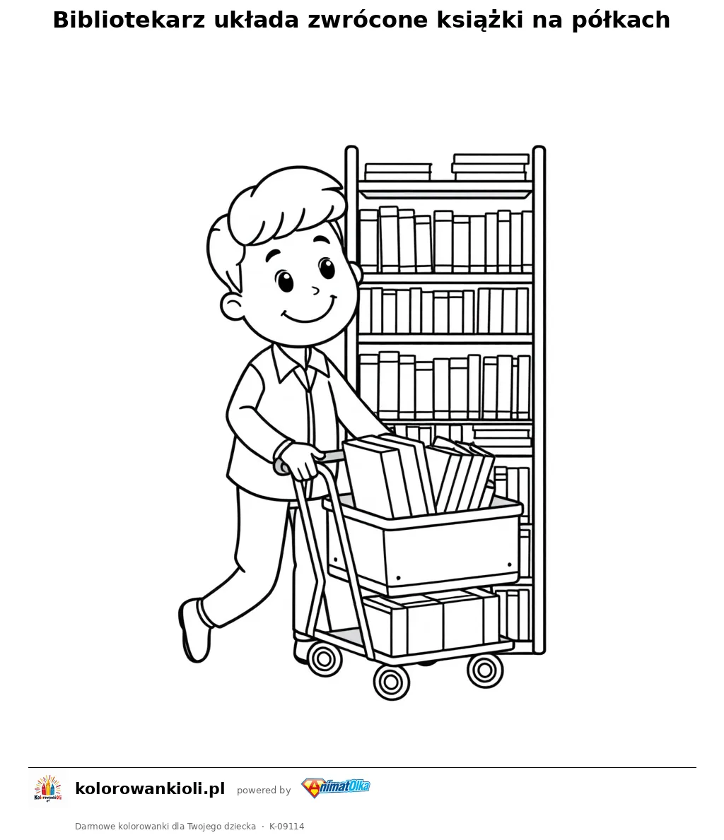 Bibliotekarz układa zwrócone książki na półkach — kolorowanka do wydruku dla dzieci