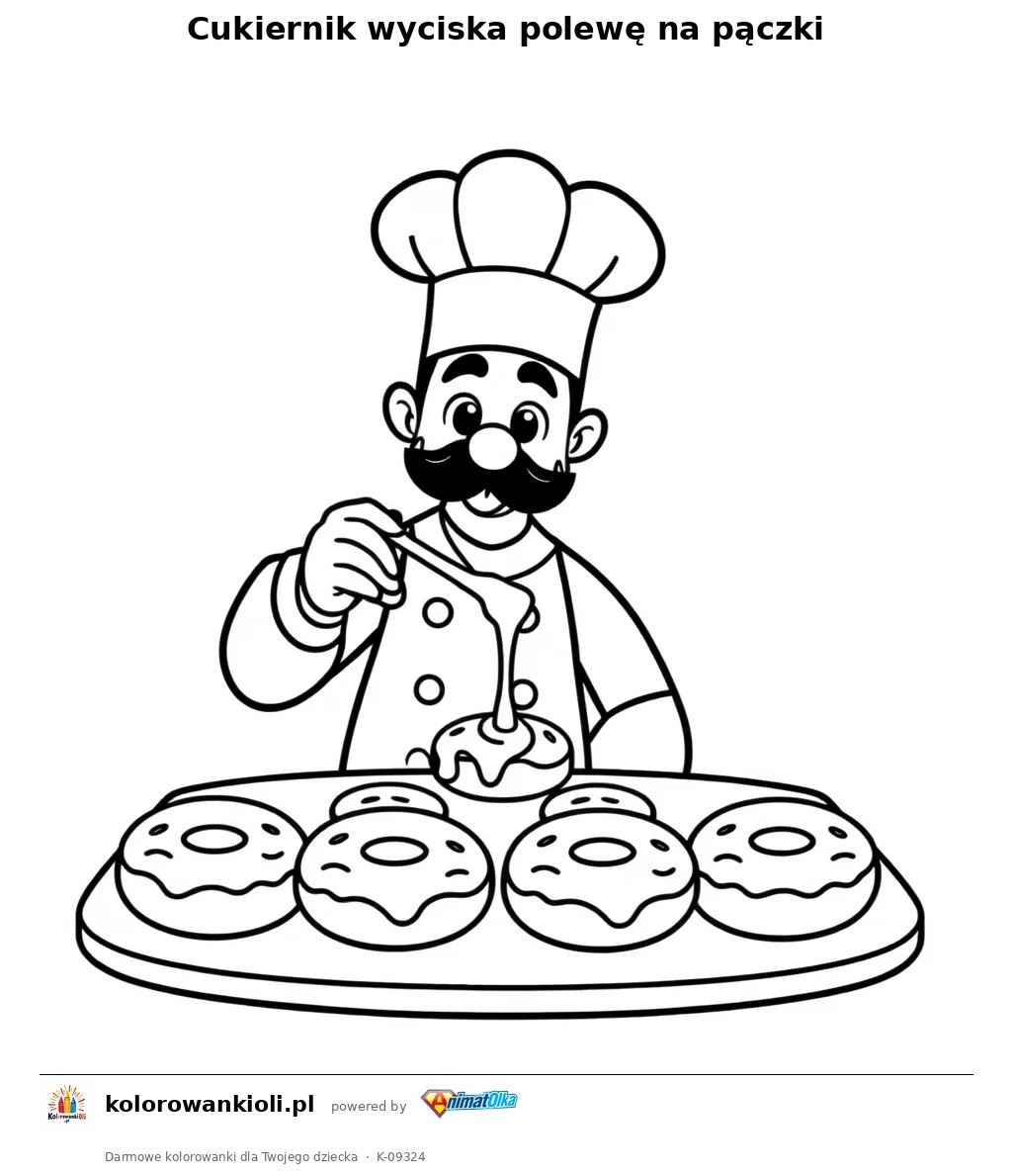 Cukiernik wyciska polewe na paczki — kolorowanka do wydruku dla dzieci