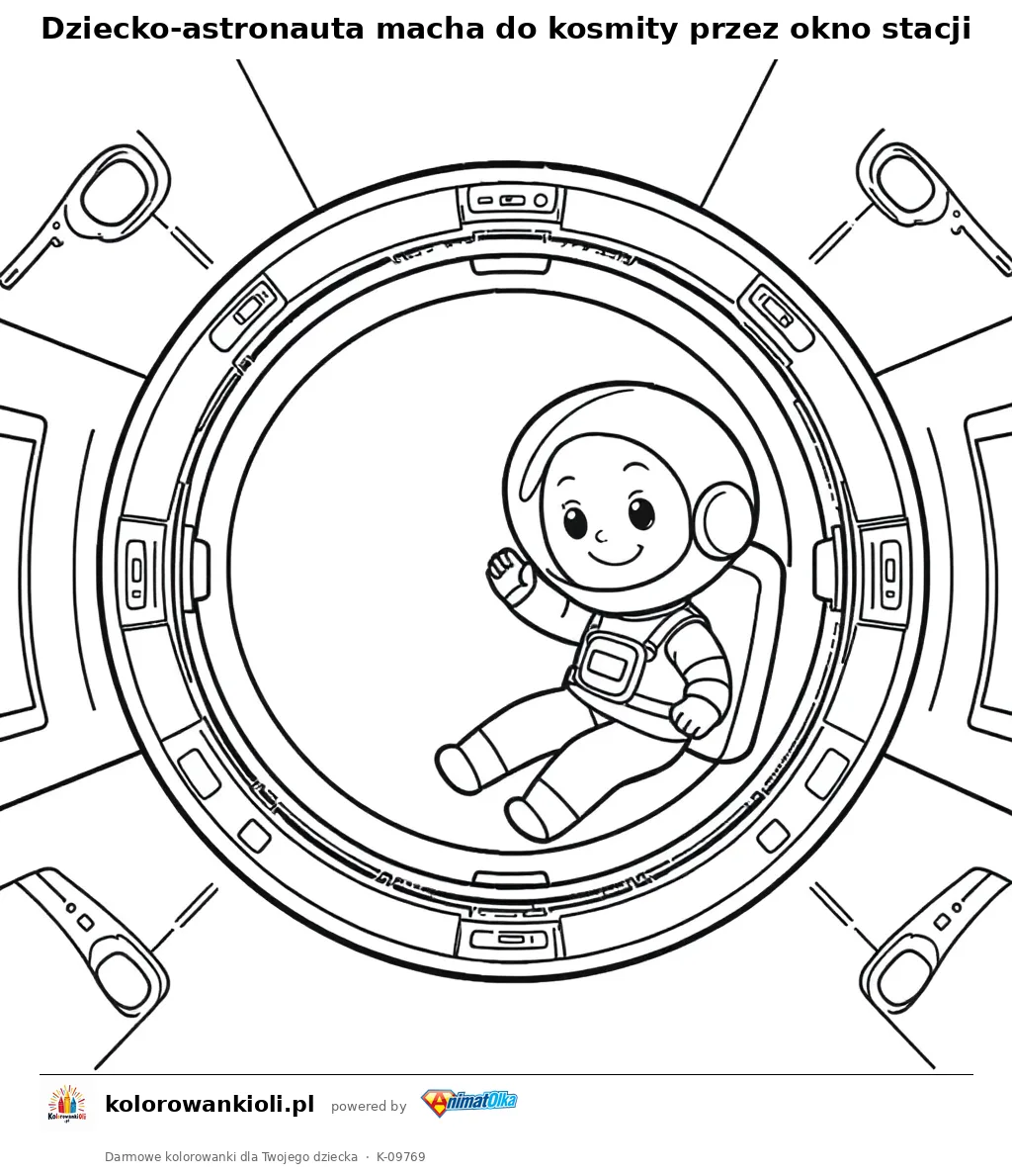 Dziecko-astronauta macha do kosmity przez okno stacji — kolorowanka do wydruku dla dzieci