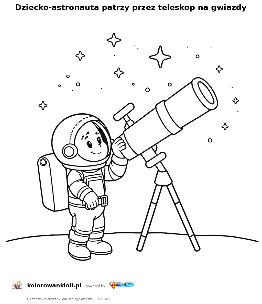 Dziecko-astronauta patrzy przez teleskop na gwiazdy — kolorowanka do wydruku dla dzieci
