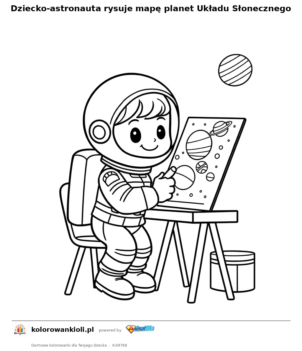 Dziecko-astronauta rysuje mape planet Ukladu Slonecznego — kolorowanka do wydruku dla dzieci