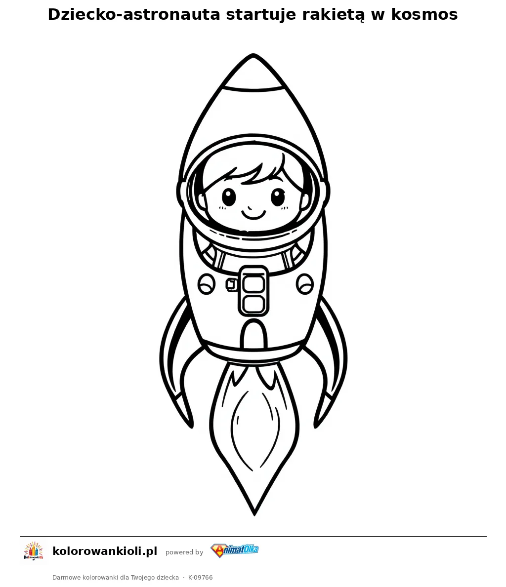 Dziecko-astronauta startuje rakieta w kosmos — kolorowanka do wydruku dla dzieci