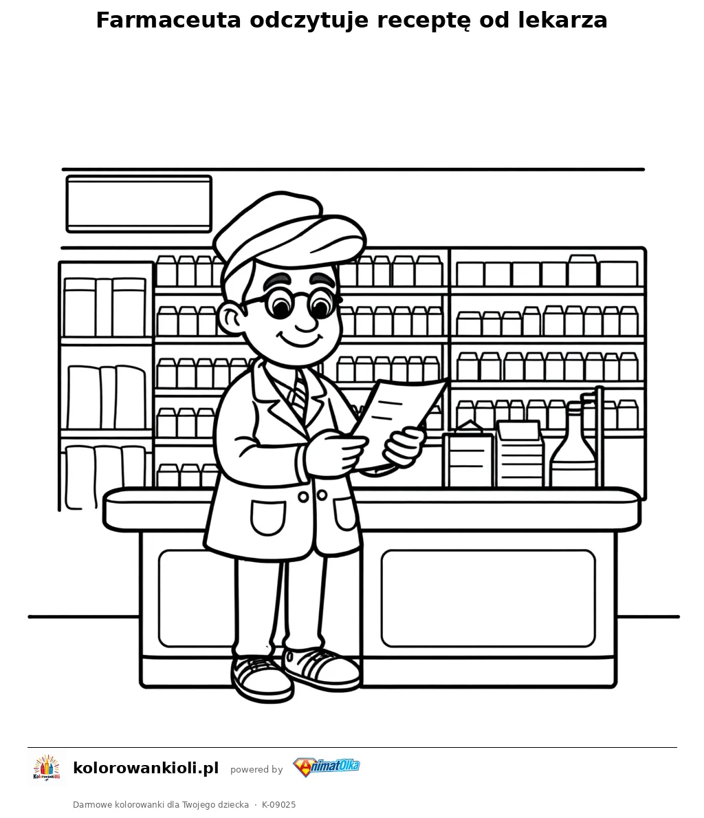 Farmaceuta odczytuje receptę od lekarza — kolorowanka do wydruku dla dzieci