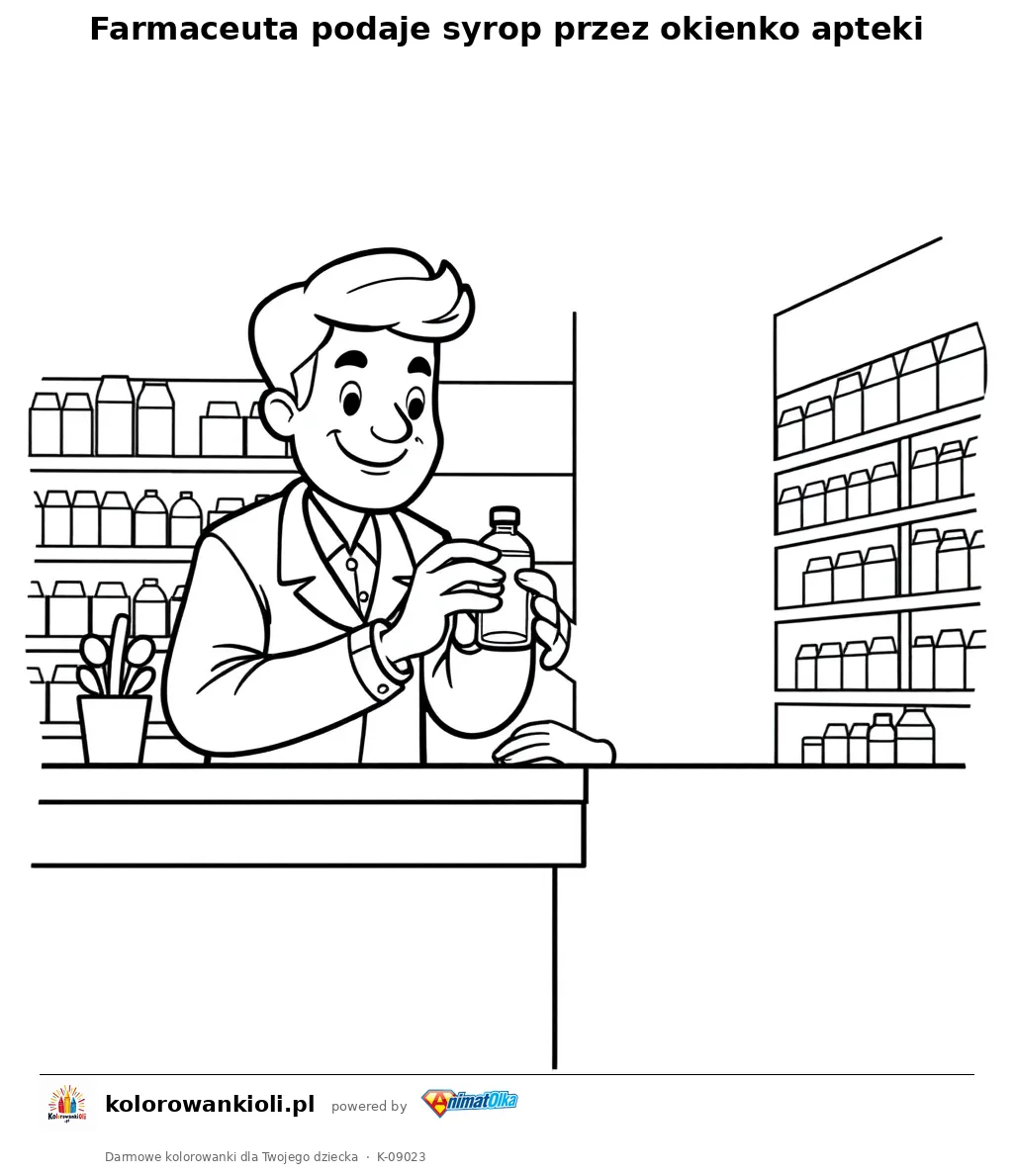 Farmaceuta podaje syrop przez okienko apteki — kolorowanka do wydruku dla dzieci