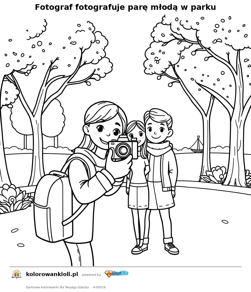 Fotograf fotografuje pare mloda w parku — kolorowanka do wydruku dla dzieci