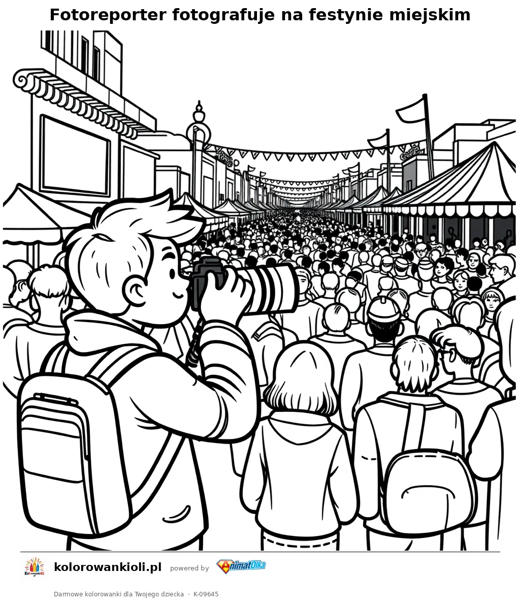 Fotoreporter fotografuje na festynie miejskim — kolorowanka do wydruku dla dzieci