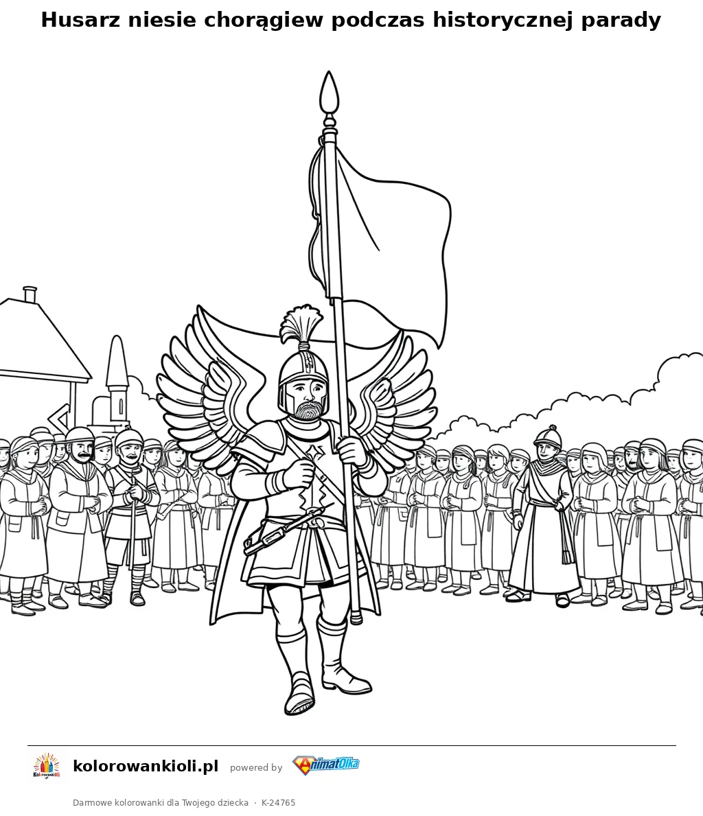 Husarz niesie chorągiew podczas historycznej parady — kolorowanka do wydruku dla dzieci