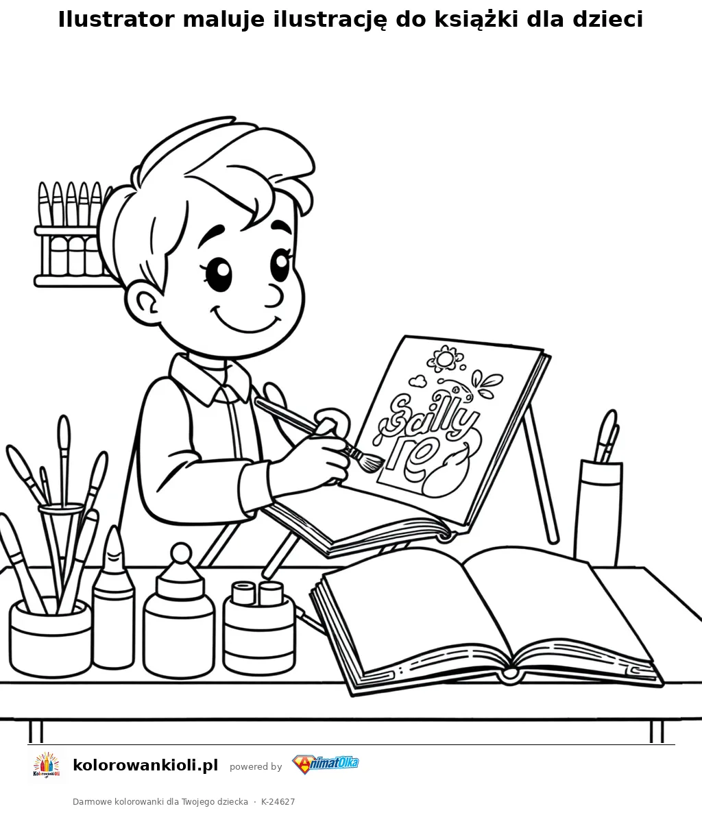 Ilustrator maluje ilustrację do książki dla dzieci — kolorowanka do wydruku dla dzieci