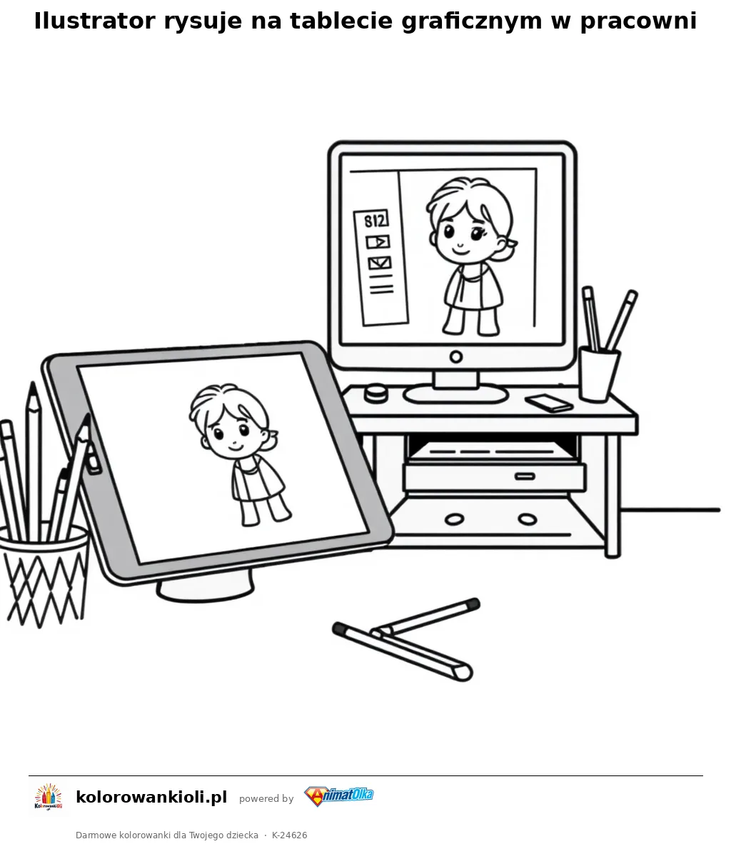Ilustrator rysuje na tablecie graficznym w pracowni — kolorowanka do wydruku dla dzieci