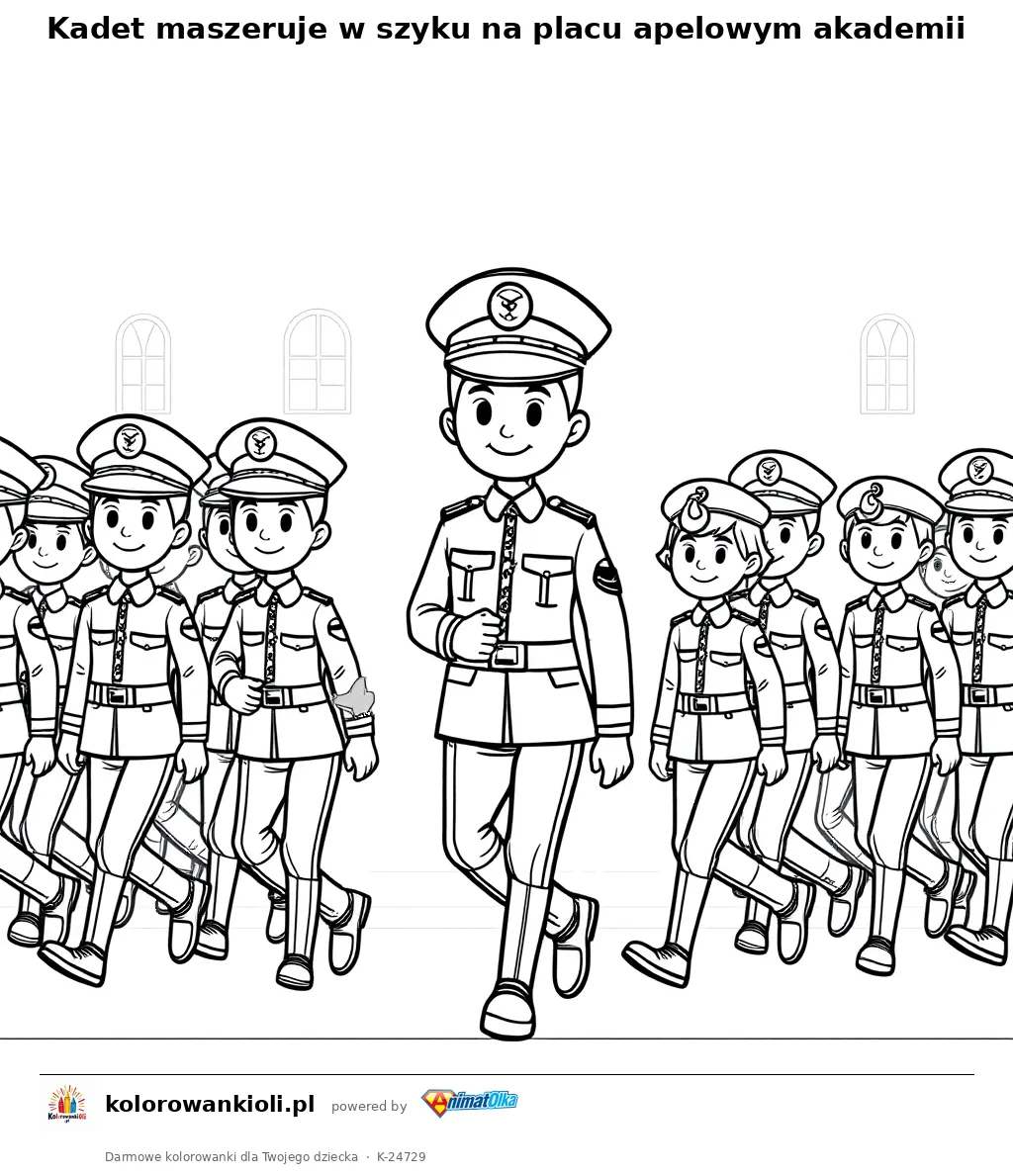 Kadet maszeruje w szyku na placu apelowym akademii — kolorowanka do wydruku dla dzieci