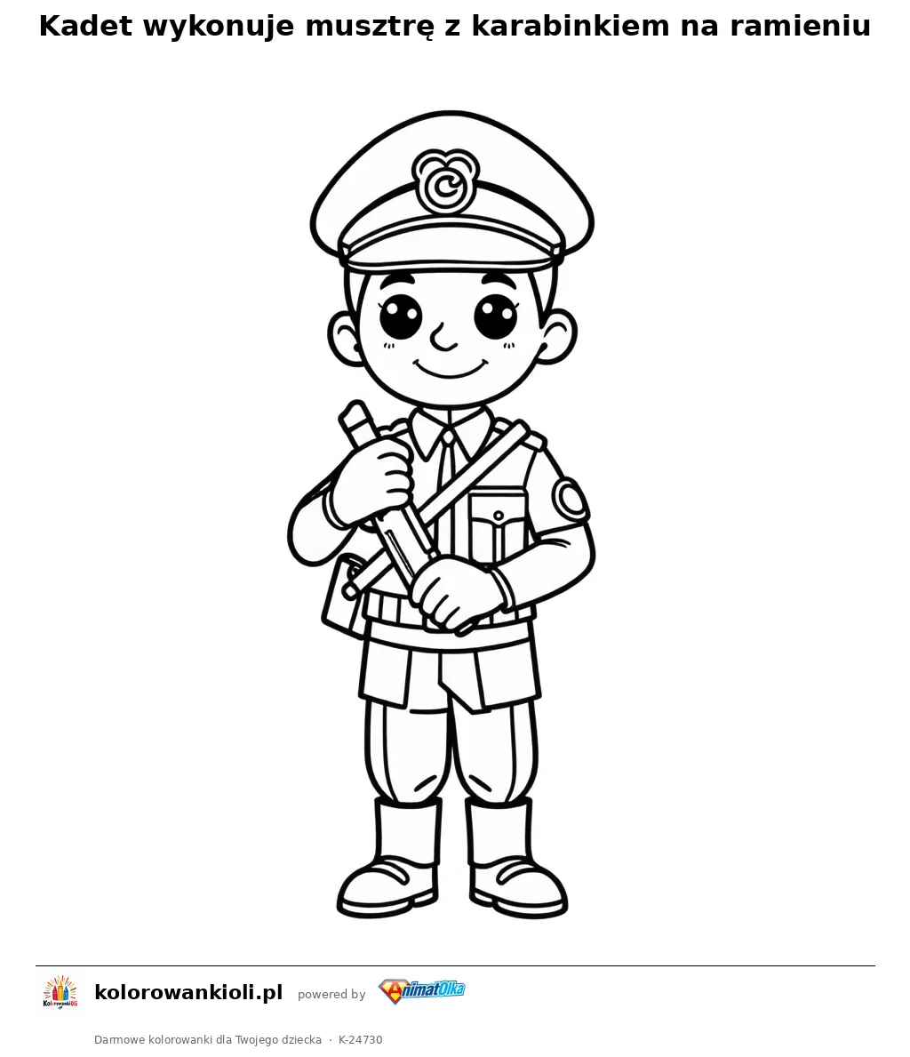 Kadet wykonuje musztrę z karabinkiem na ramieniu — kolorowanka do wydruku dla dzieci