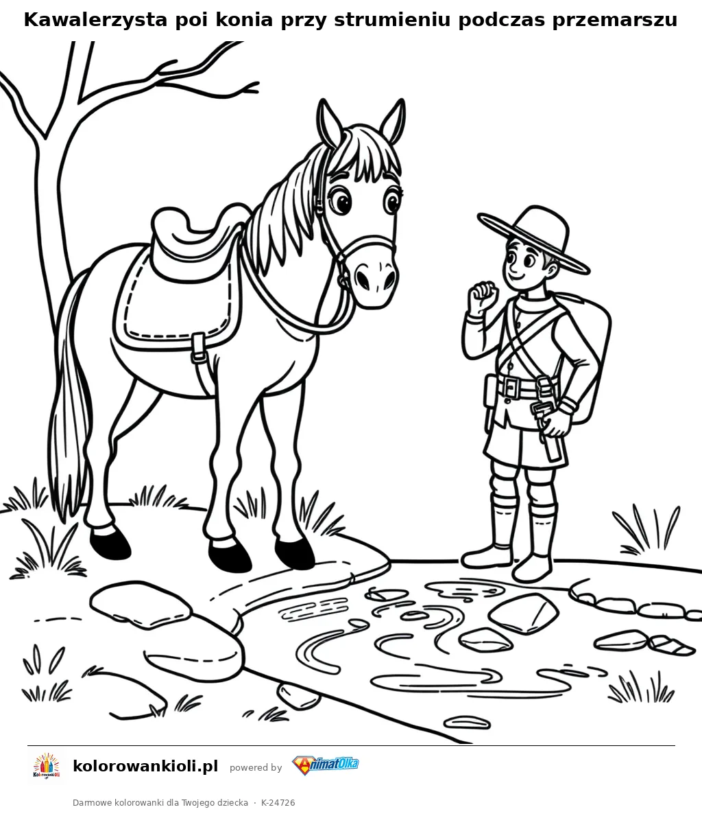 Kawalerzysta poi konia przy strumieniu podczas przemarszu — kolorowanka do wydruku dla dzieci