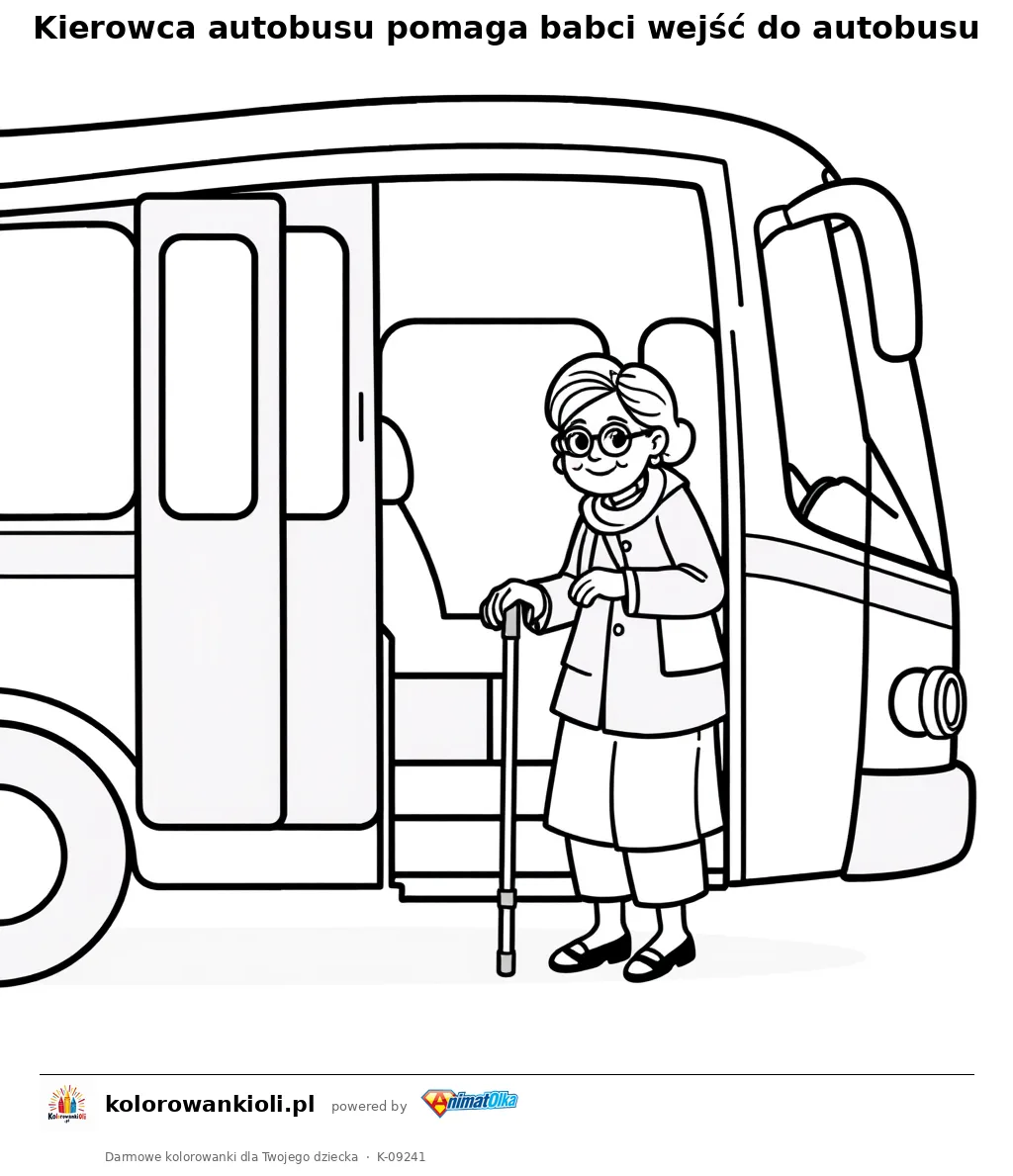 Kierowca autobusu pomaga babci wejść do autobusu — kolorowanka do wydruku dla dzieci