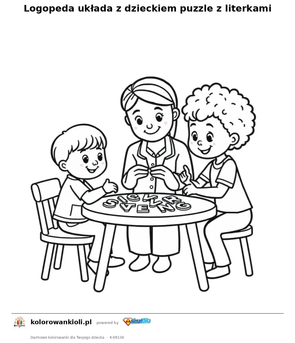 Logopeda uklada z dzieckiem puzzle z literkami — kolorowanka do wydruku dla dzieci
