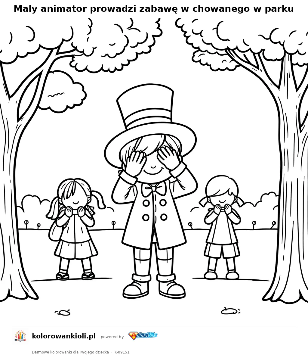 Maly animator prowadzi zabawę w chowanego w parku — kolorowanka do wydruku dla dzieci