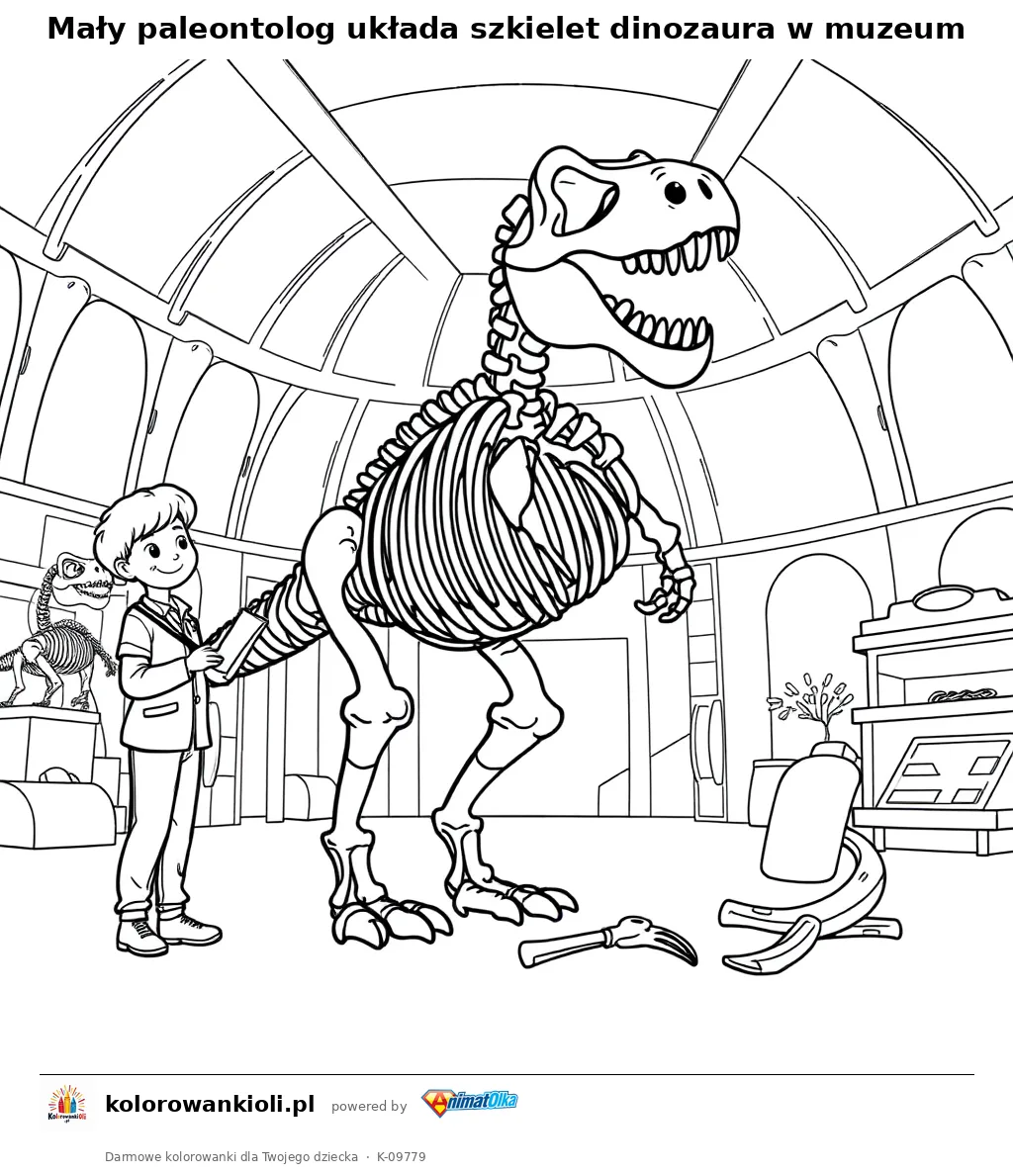 Maly paleontolog uklada szkielet dinozaura w muzeum — kolorowanka do wydruku dla dzieci