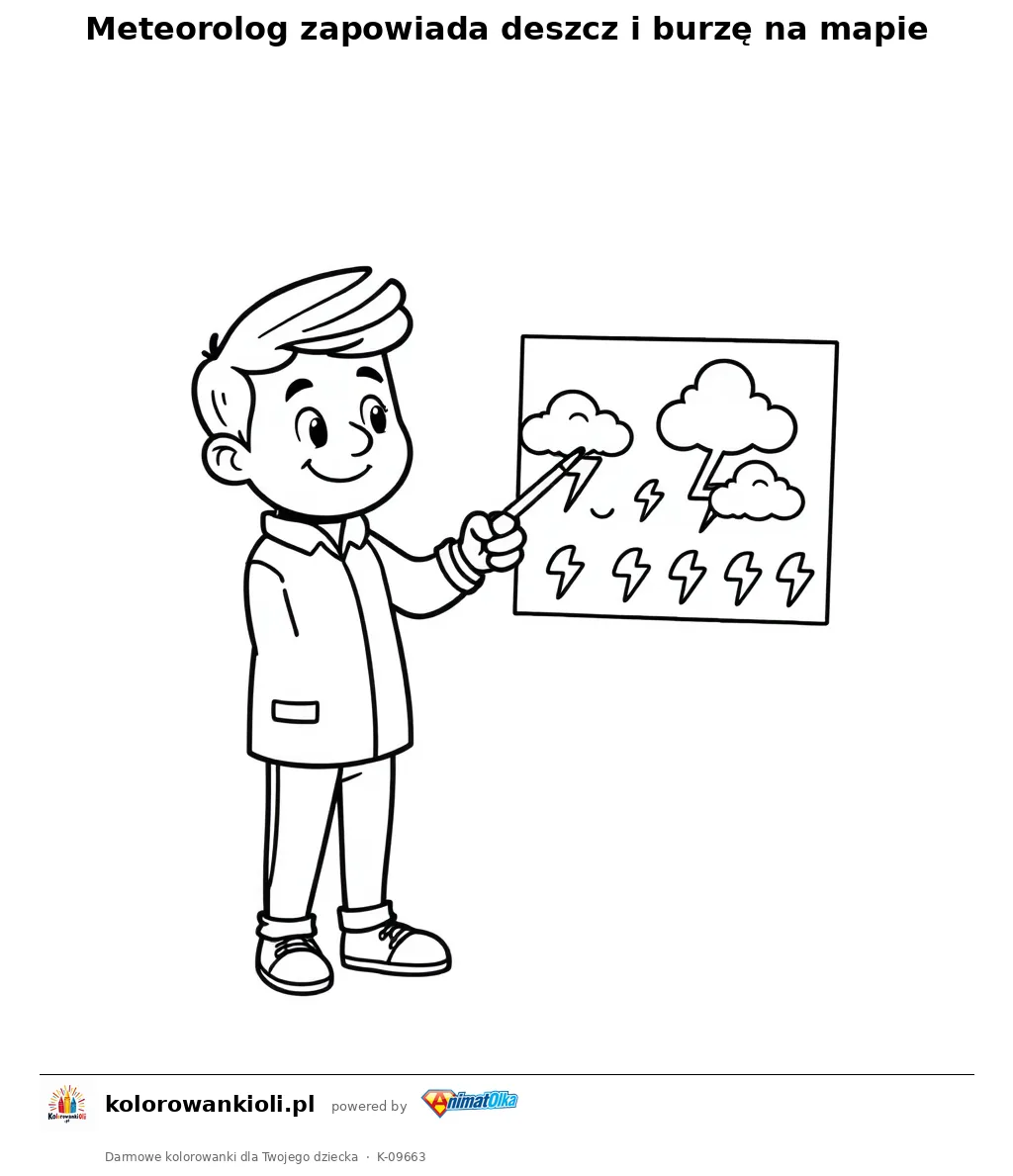 Meteorolog zapowiada deszcz i burzę na mapie — kolorowanka do wydruku dla dzieci