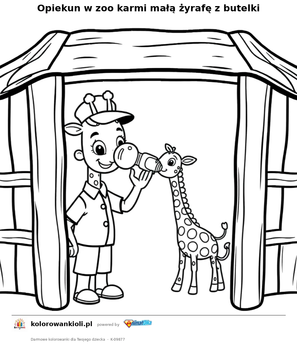Opiekun w zoo karmi małą żyrafę z butelki — kolorowanka do wydruku dla dzieci