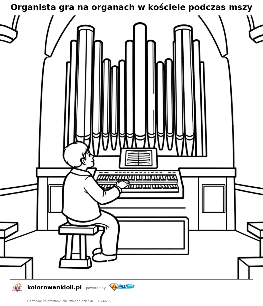 Organista gra na organach w kościele podczas mszy — kolorowanka do wydruku dla dzieci
