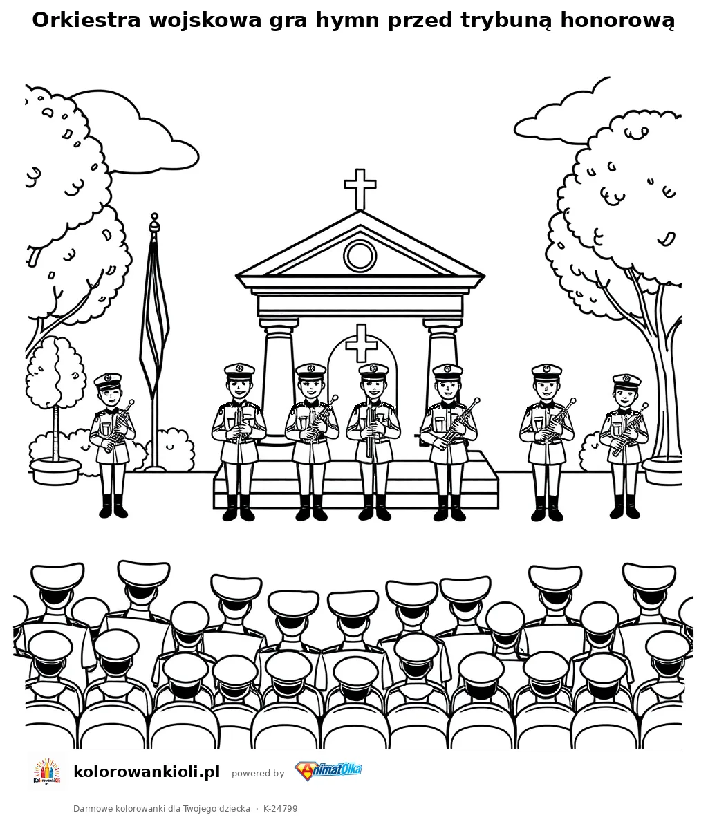 Orkiestra wojskowa gra hymn przed trybuną honorową — kolorowanka do wydruku dla dzieci