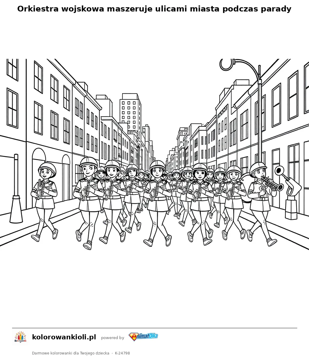 Orkiestra wojskowa maszeruje ulicami miasta podczas parady — kolorowanka do wydruku dla dzieci