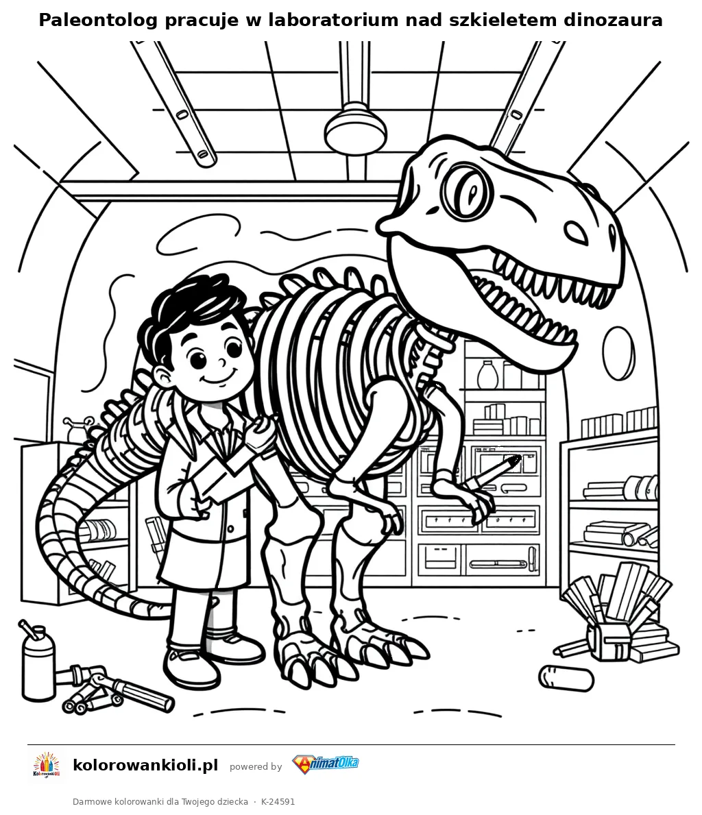 Paleontolog pracuje w laboratorium nad szkieletem dinozaura — kolorowanka do wydruku dla dzieci