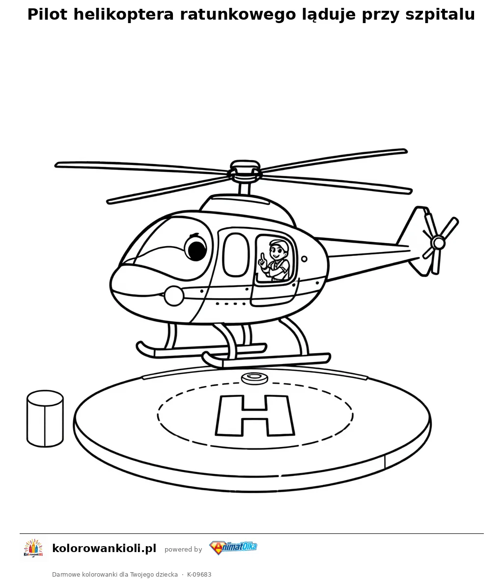 Pilot helikoptera ratunkowego ląduje przy szpitalu — kolorowanka do wydruku dla dzieci