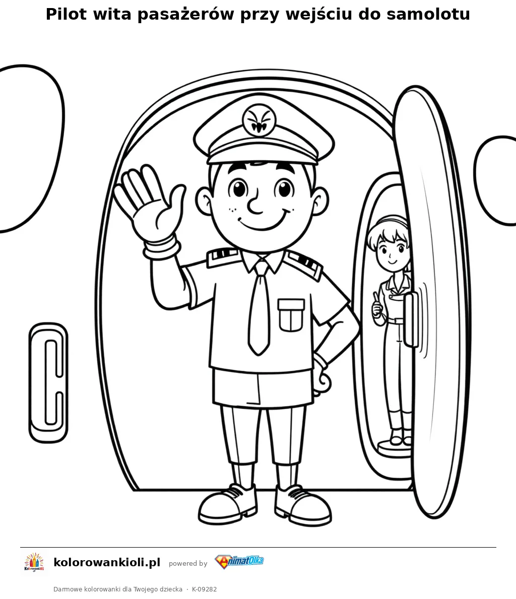 Pilot wita pasazerow przy wejsciu do samolotu — kolorowanka do wydruku dla dzieci