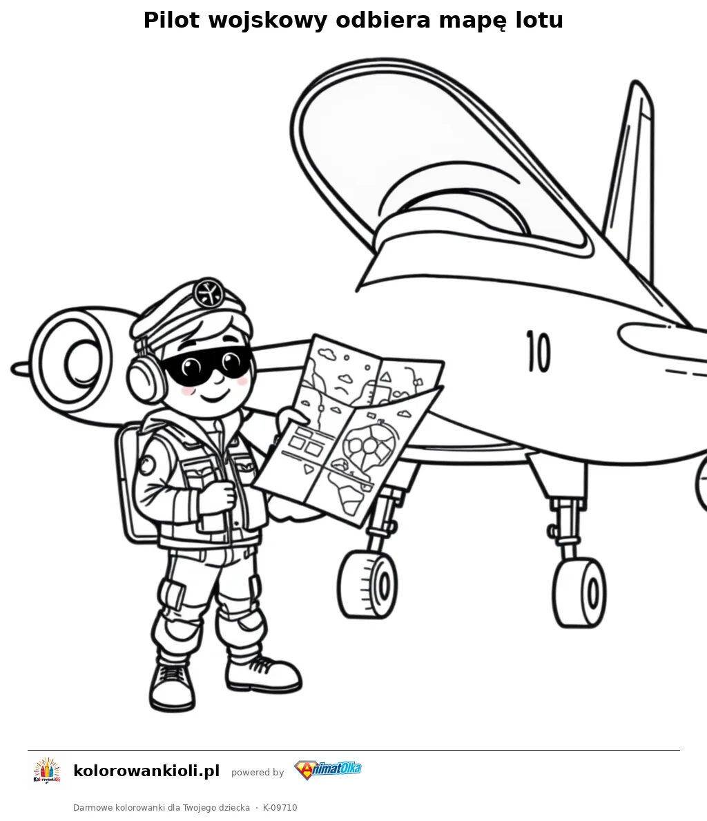 Pilot wojskowy odbiera mapę lotu — kolorowanka do wydruku dla dzieci