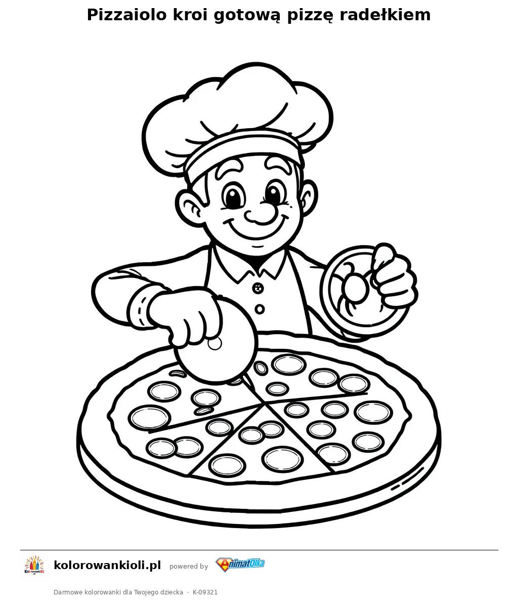 Pizzaiolo kroi gotową pizzę radełkiem — kolorowanka do wydruku dla dzieci