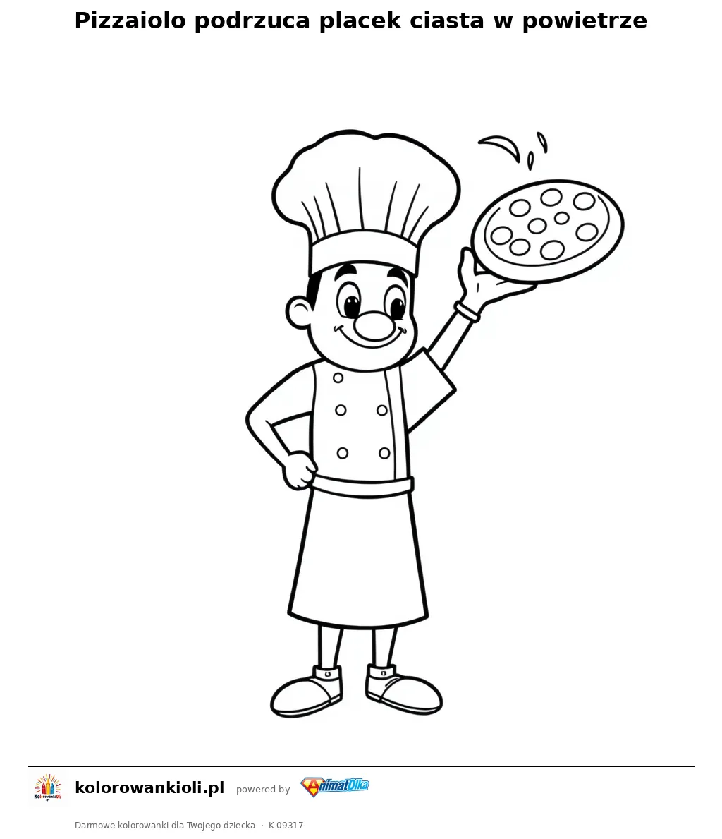Pizzaiolo podrzuca placek ciasta w powietrze — kolorowanka do wydruku dla dzieci