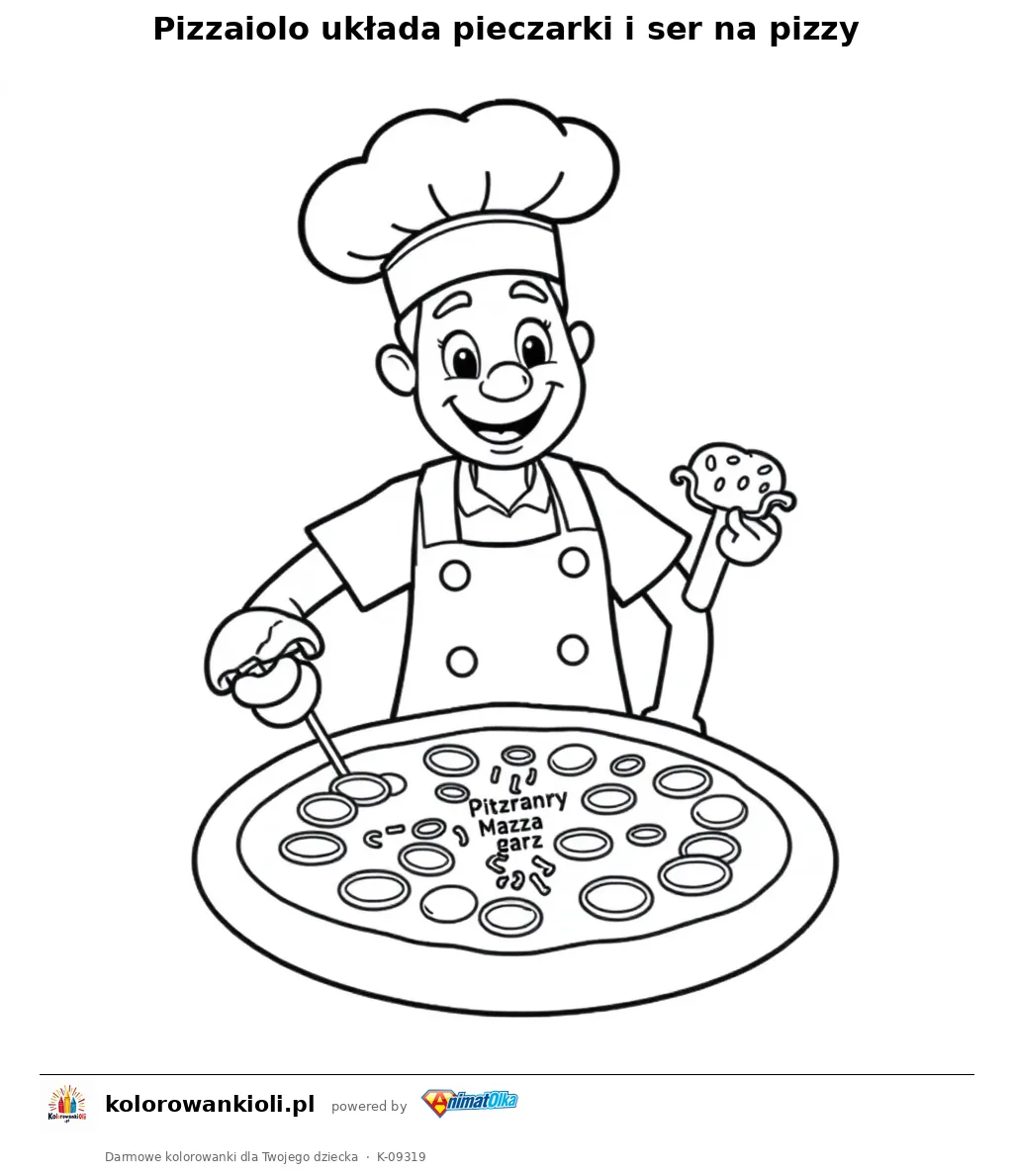 Pizzaiolo układa pieczarki i ser na pizzy — kolorowanka do wydruku dla dzieci