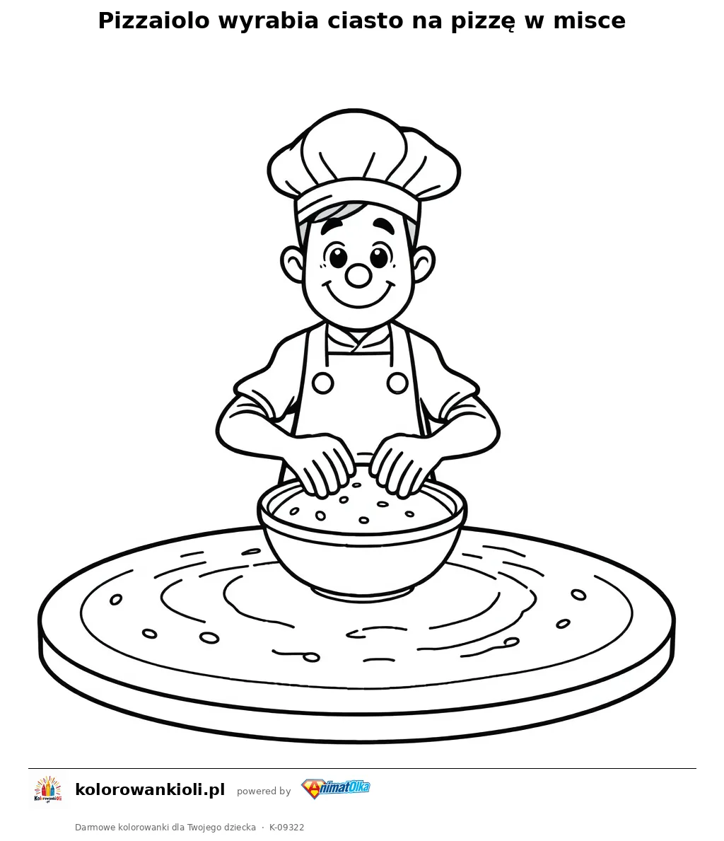 Pizzaiolo wyrabia ciasto na pizzę w misce — kolorowanka do wydruku dla dzieci