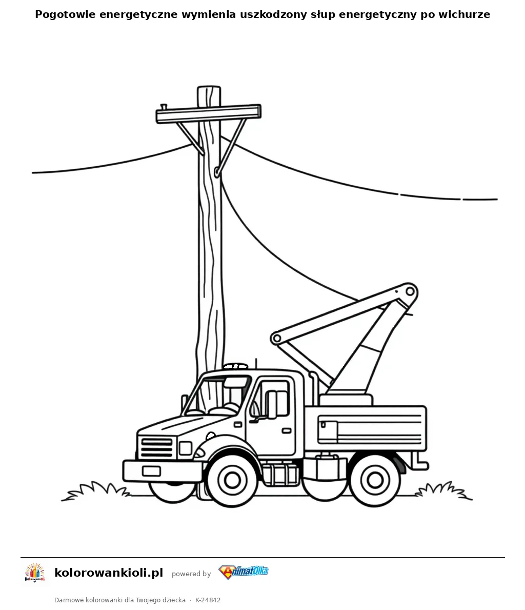 Pogotowie energetyczne wymienia uszkodzony słup energetyczny po wichurze — kolorowanka do wydruku dla dzieci