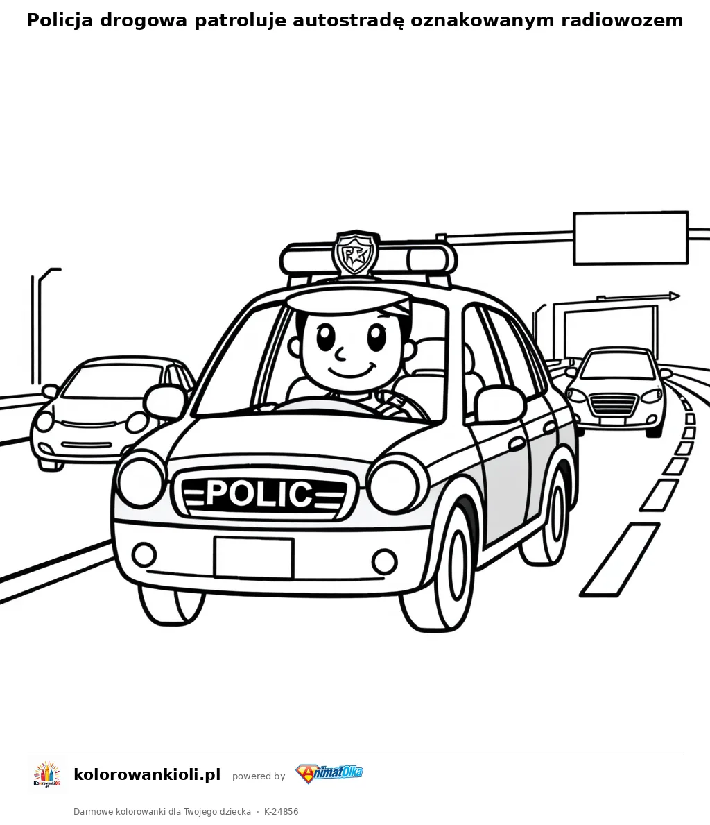 Policja drogowa patroluje autostradę oznakowanym radiowozem — kolorowanka do wydruku dla dzieci