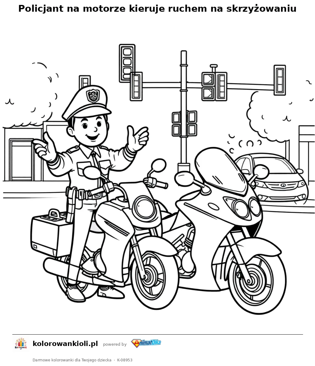 Policjant na motorze kieruje ruchem na skrzyżowaniu — kolorowanka do wydruku dla dzieci