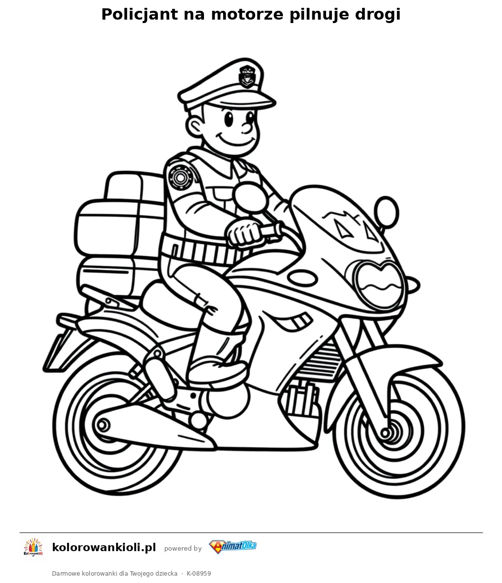 Policjant na motorze pilnuje drogi — kolorowanka do wydruku dla dzieci