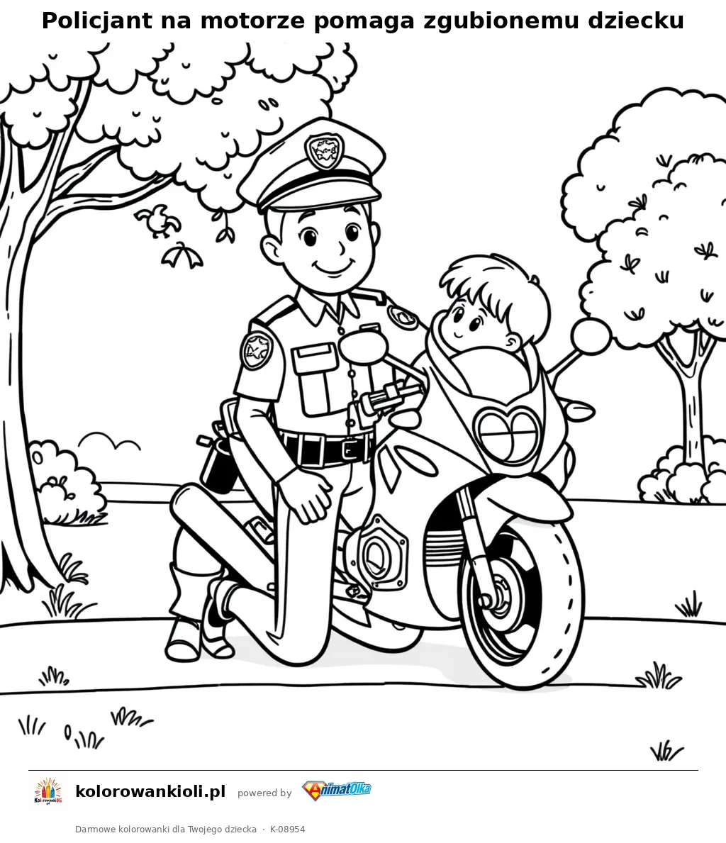 Policjant na motorze pomaga zgubionemu dziecku — kolorowanka do wydruku dla dzieci